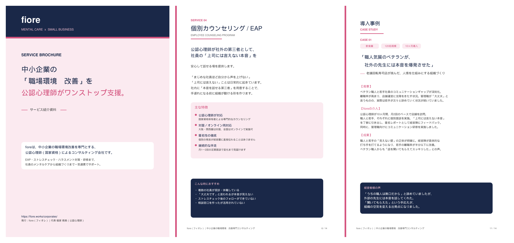 fioreサービス紹介資料 プレビュー（表紙・サービス詳細・導入事例）